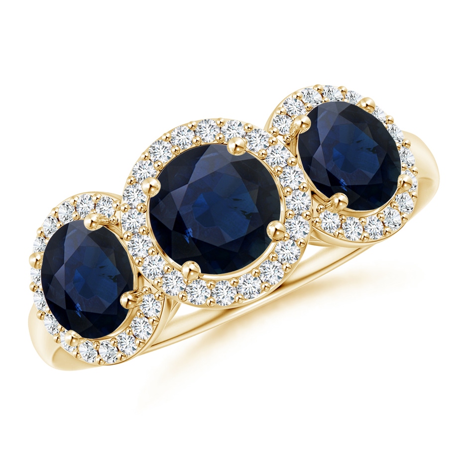6mm A Round Sapphire Three Stone Halo Ring with Diamonds in Yellow Gold 