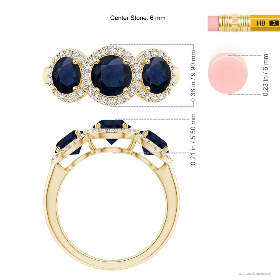 6mm A Round Sapphire Three Stone Halo Ring with Diamonds in Yellow Gold ruler