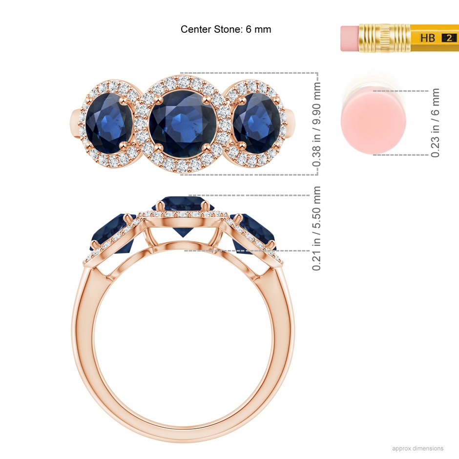 6mm AA Round Sapphire Three Stone Halo Ring with Diamonds in Rose Gold ruler