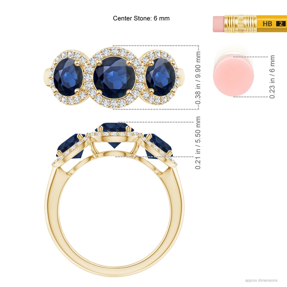 6mm AA Round Sapphire Three Stone Halo Ring with Diamonds in Yellow Gold ruler