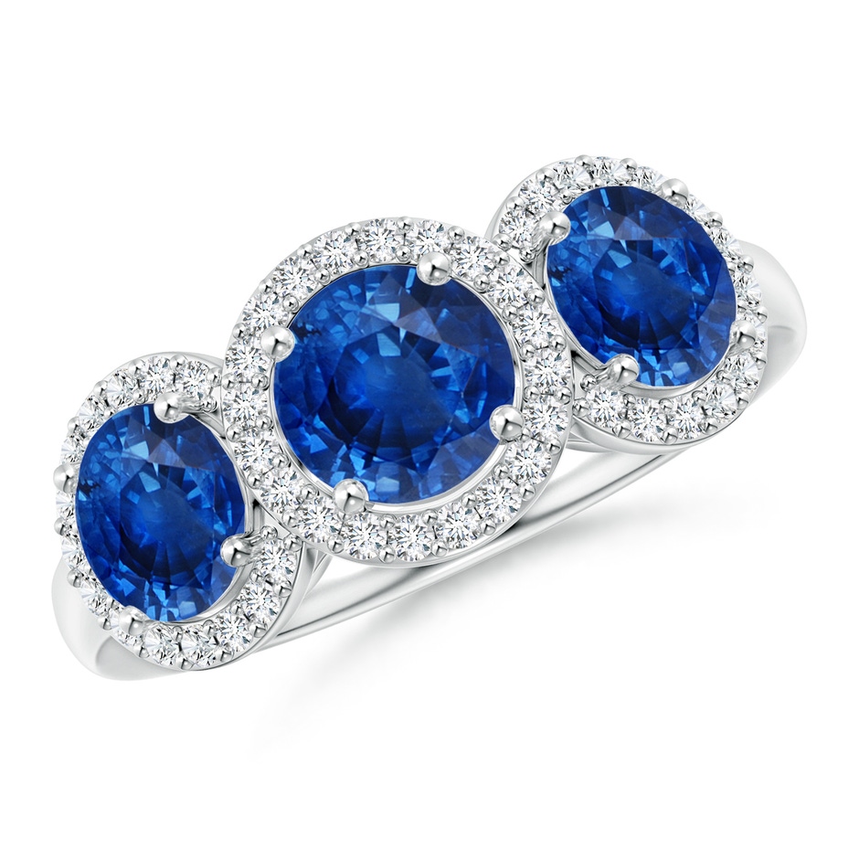 6mm AAA Round Sapphire Three Stone Halo Ring with Diamonds in P950 Platinum 