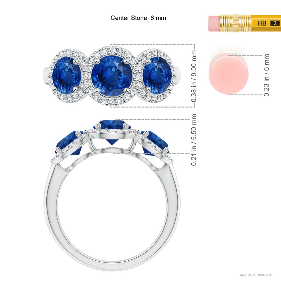 6mm AAA Round Sapphire Three Stone Halo Ring with Diamonds in P950 Platinum ruler