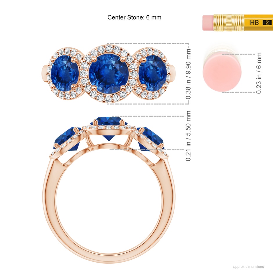 6mm AAA Round Sapphire Three Stone Halo Ring with Diamonds in Rose Gold ruler