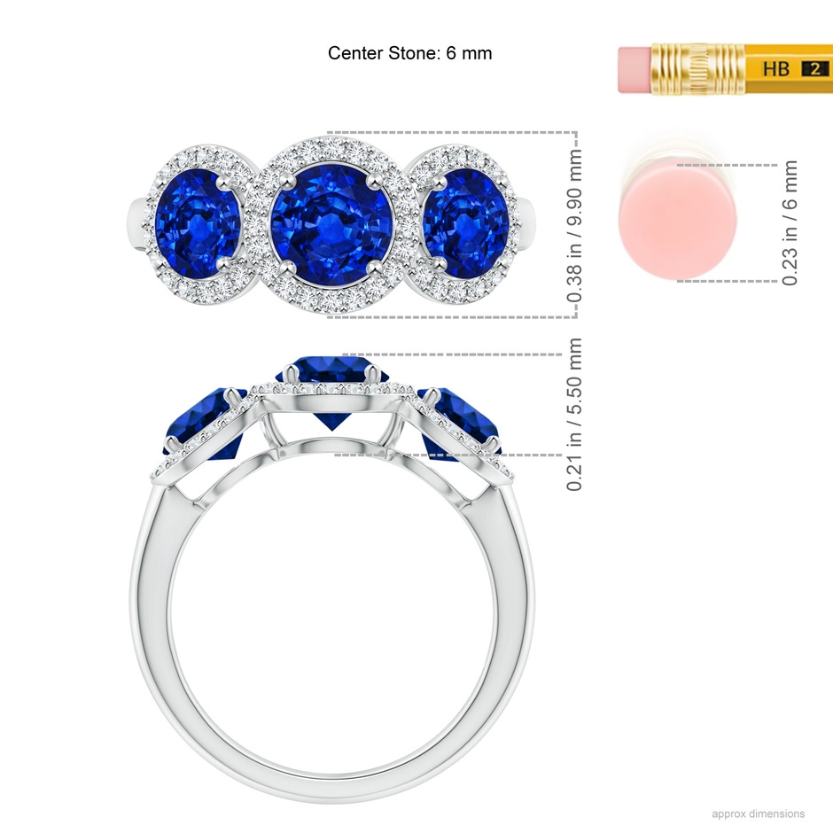 6mm AAAA Round Sapphire Three Stone Halo Ring with Diamonds in P950 Platinum ruler