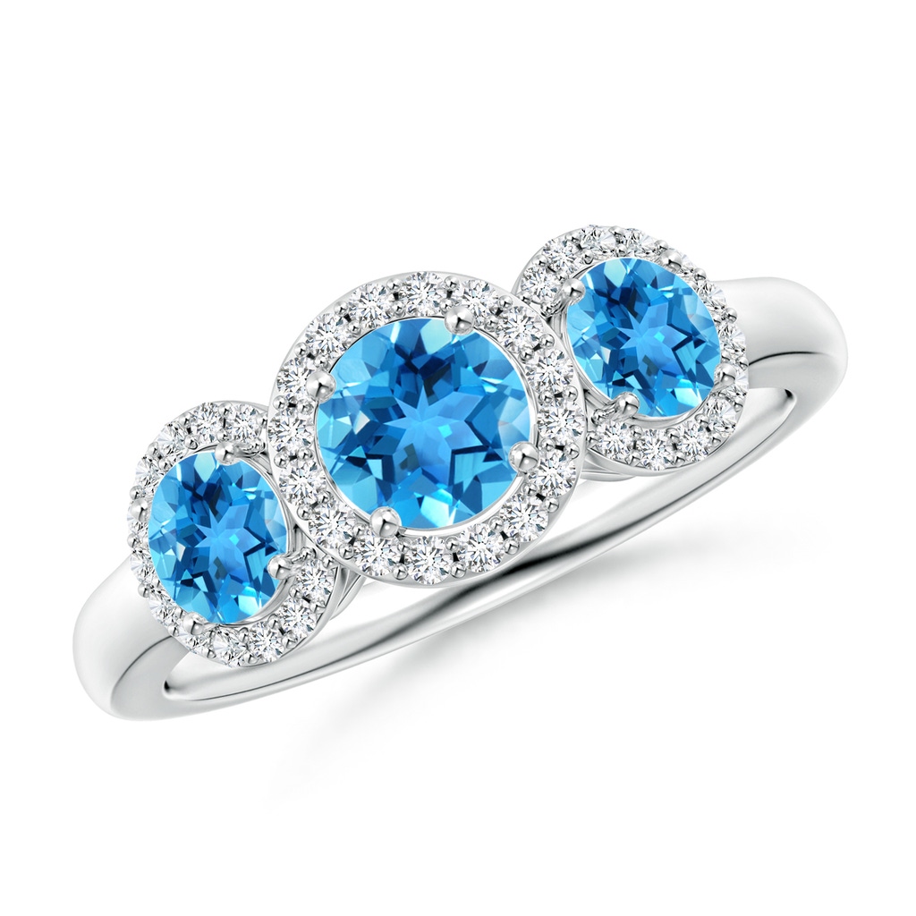 5mm AAA Round Swiss Blue Topaz Three Stone Halo Ring with Diamonds in White Gold