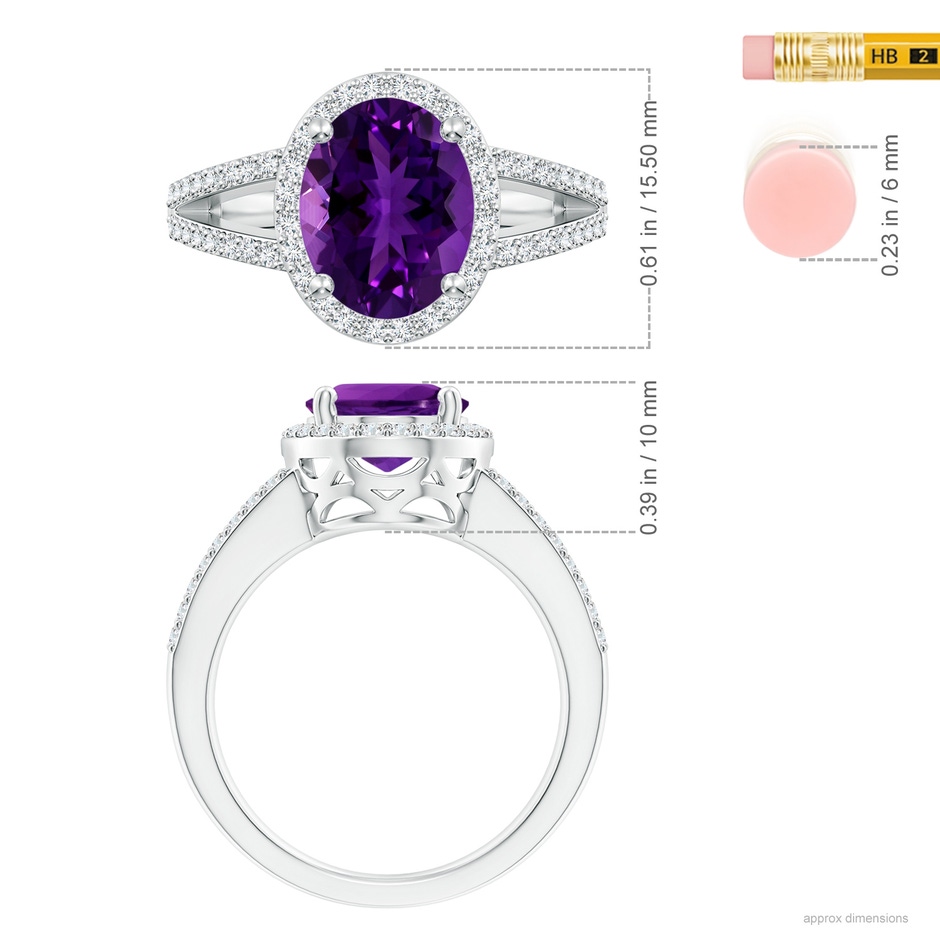 12.05x10.05x6.55mm AAAA GIA Certified Oval Amethyst Split Shank Halo Ring in White Gold ruler