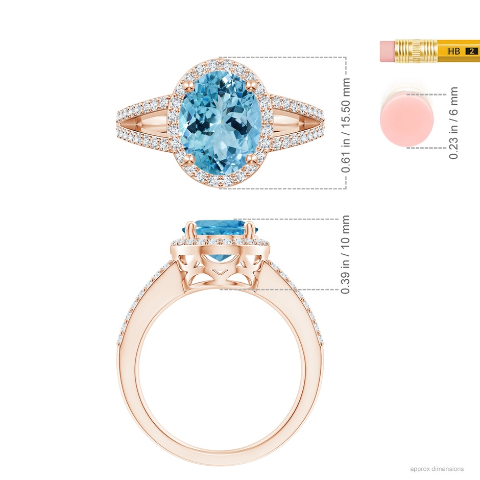 12.00x9.85x6.64mm AAA GIA Certified Oval Aquamarine Halo Ring in Rose Gold ruler