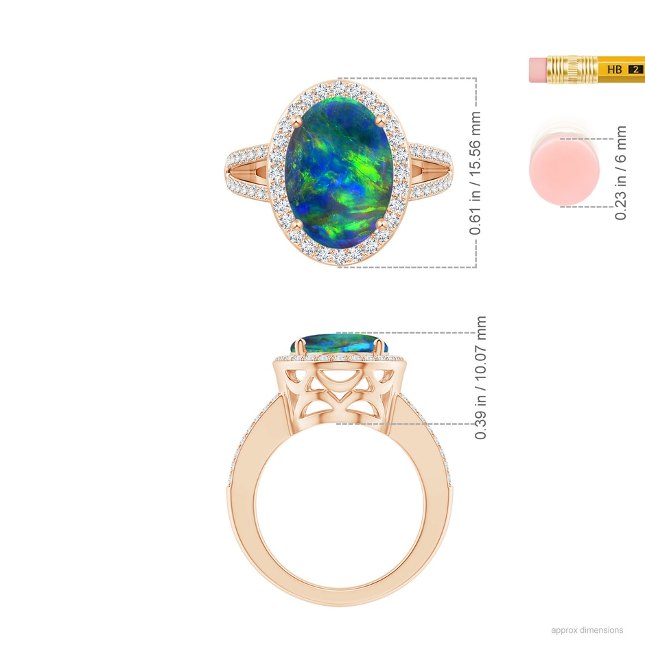 12.25x9.70x3.09mm AA Oval Black Opal Split Shank Halo Ring in Rose Gold ruler