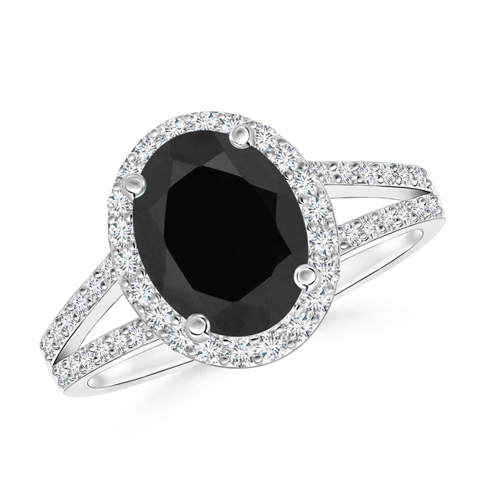 9x7mm AAA Oval Black Onyx Split Shank Halo Ring in White Gold 