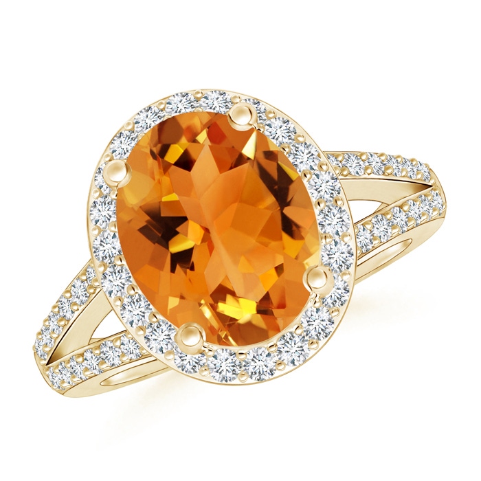 10x8mm AAA Oval Citrine Split Shank Halo Ring in Yellow Gold 