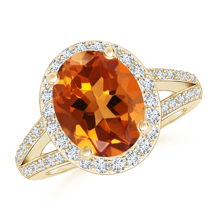 10x8mm AAAA Oval Citrine Split Shank Halo Ring in Yellow Gold 