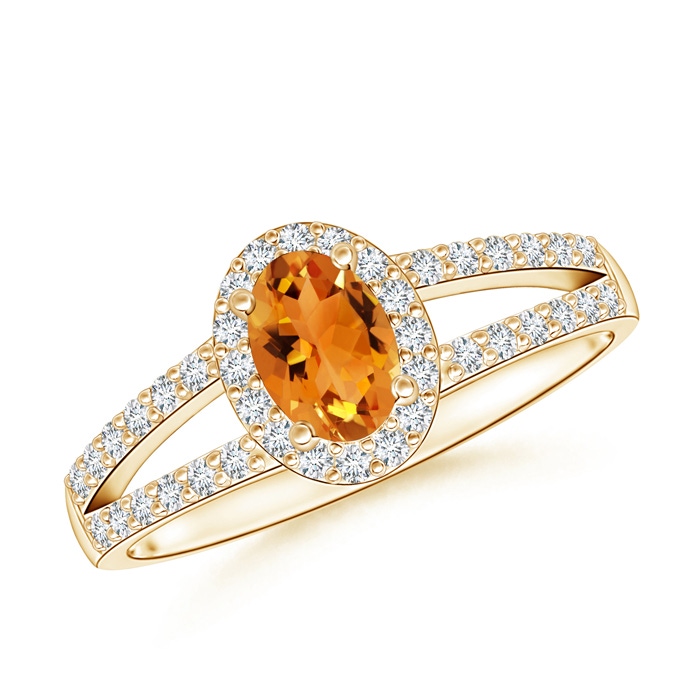 6x4mm AAA Oval Citrine Split Shank Halo Ring in Yellow Gold 