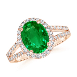 9x7mm AAAA Oval Emerald Split Shank Halo Ring in 9K Rose Gold