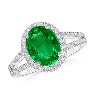 9x7mm AAAA Oval Emerald Split Shank Halo Ring in P950 Platinum