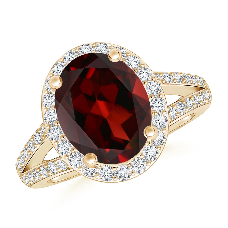 10x8mm AAA Oval Garnet Split Shank Halo Ring in Yellow Gold 