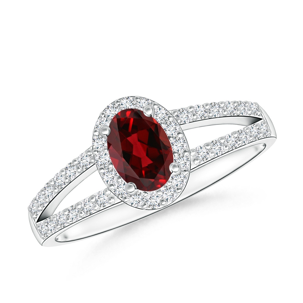 6x4mm AAAA Oval Garnet Split Shank Halo Ring in White Gold