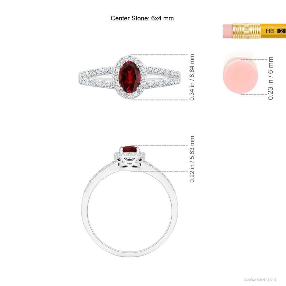 6x4mm AAAA Oval Garnet Split Shank Halo Ring in White Gold ruler