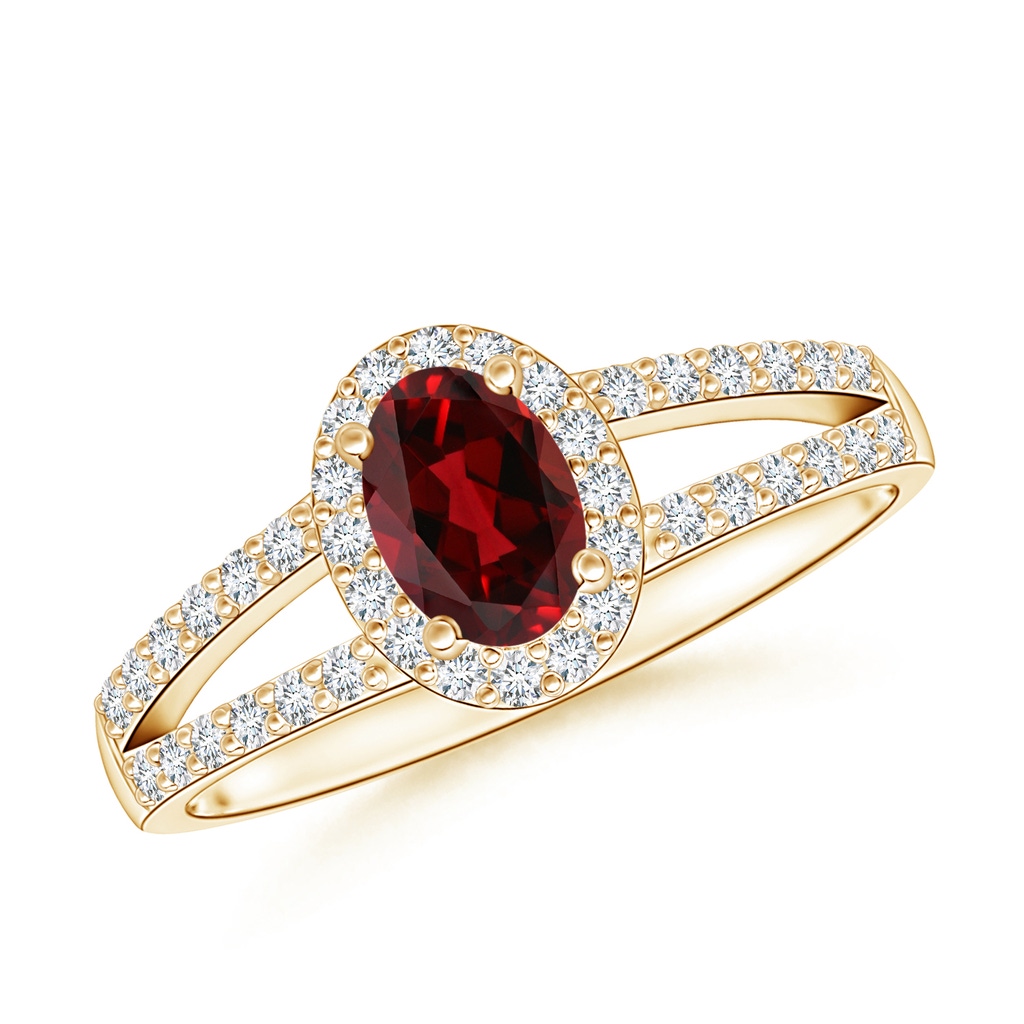 6x4mm AAAA Oval Garnet Split Shank Halo Ring in Yellow Gold