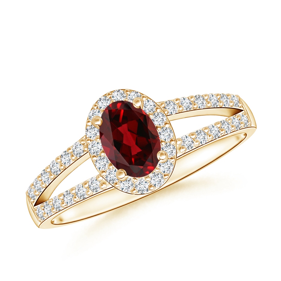 6x4mm AAAA Oval Garnet Split Shank Halo Ring in Yellow Gold 