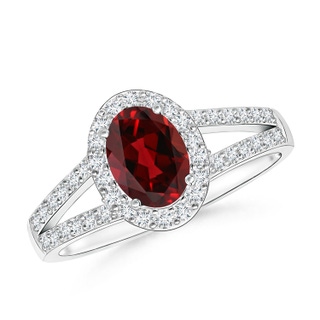 7x5mm AAAA Oval Garnet Split Shank Halo Ring in P950 Platinum