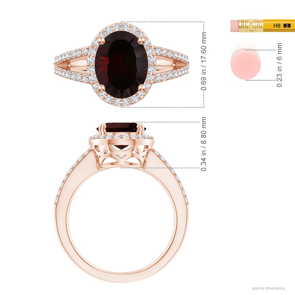 14.08x10.09x5.79mm AAA GIA Certified Oval Garnet Split Shank Halo Ring in 18K Rose Gold ruler