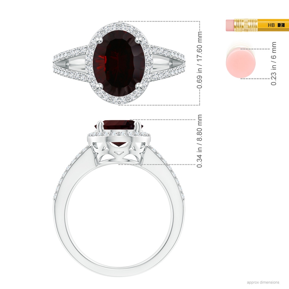 14.08x10.09x5.79mm AAA GIA Certified Oval Garnet Split Shank Halo Ring in 18K White Gold ruler