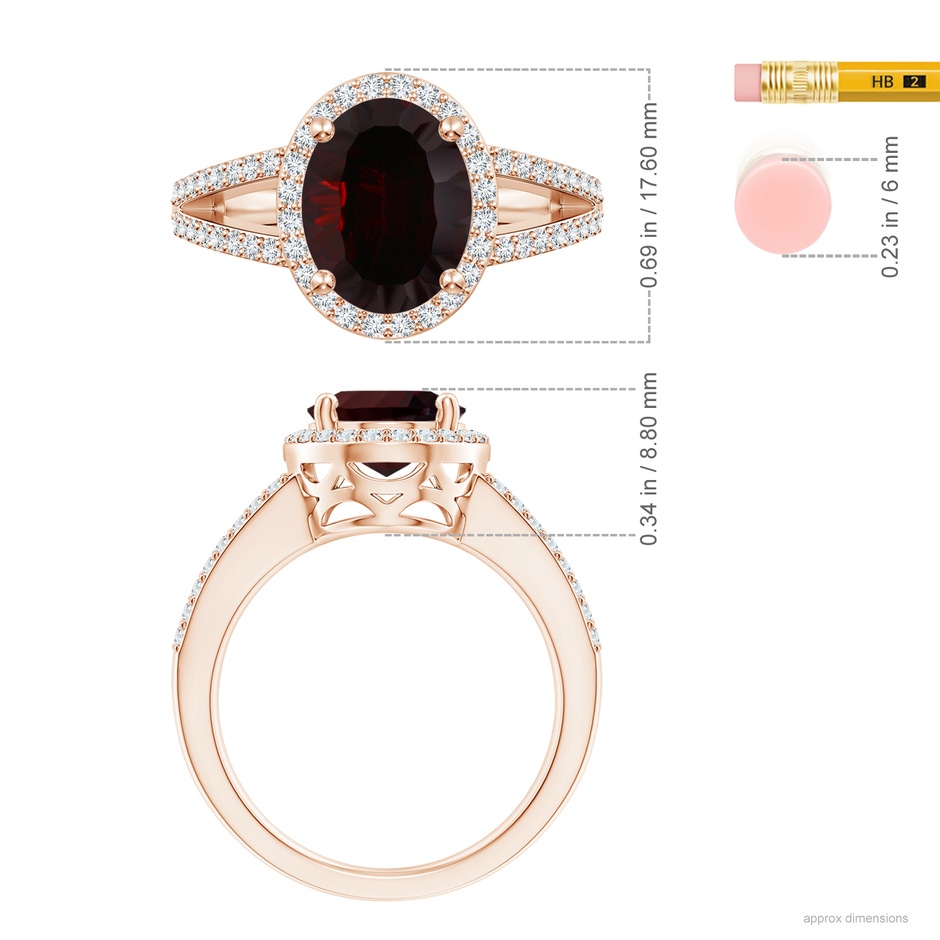 14.08x10.09x5.79mm AAA GIA Certified Oval Garnet Split Shank Halo Ring in Rose Gold ruler