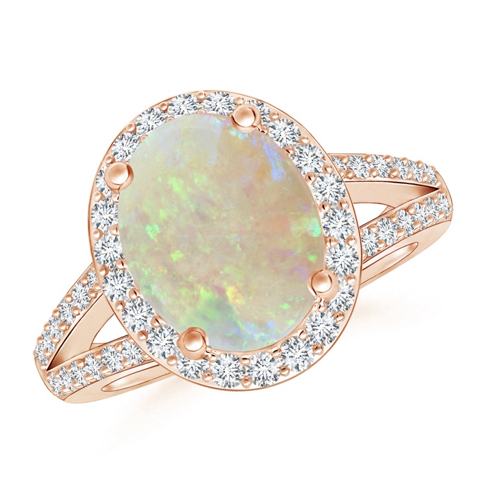 10x8mm AAA Oval Opal Split Shank Halo Ring in Rose Gold 
