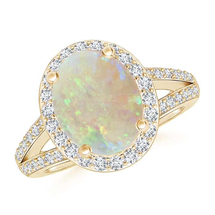 10x8mm AAA Oval Opal Split Shank Halo Ring in Yellow Gold 