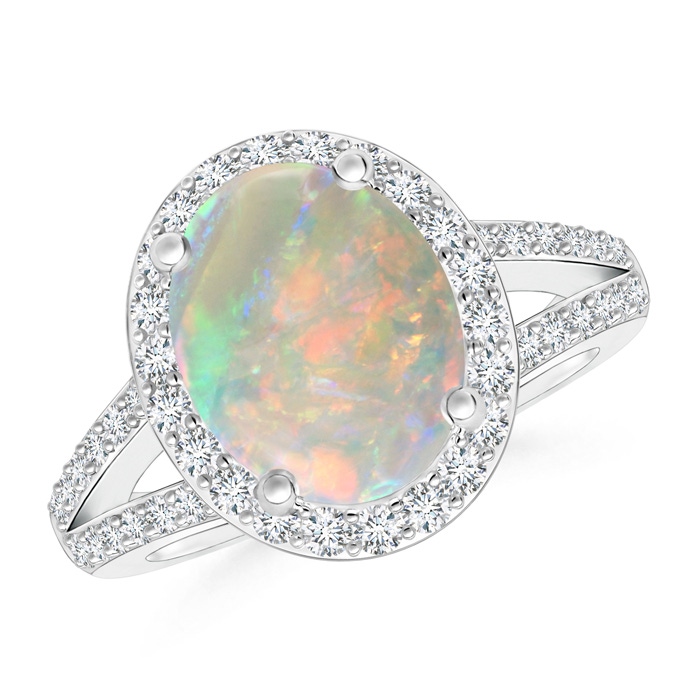 10x8mm AAAA Oval Opal Split Shank Halo Ring in White Gold