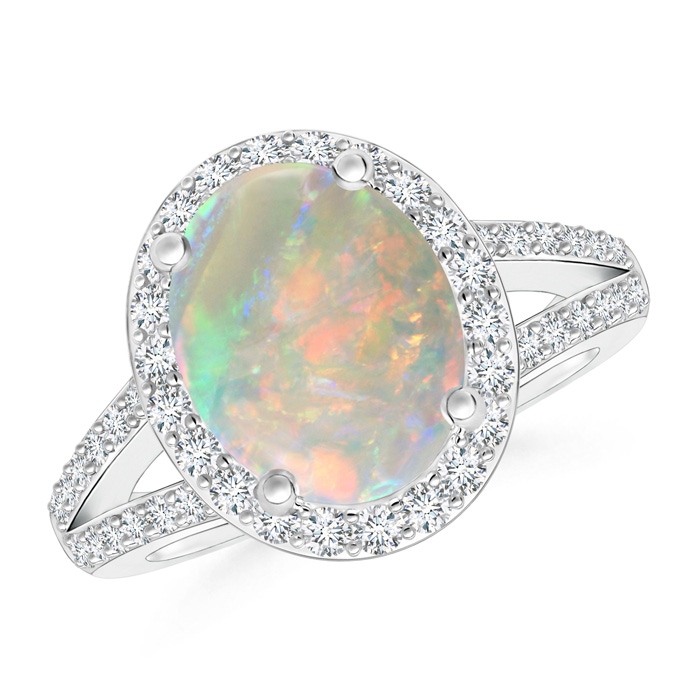 10x8mm AAAA Oval Opal Split Shank Halo Ring in White Gold 