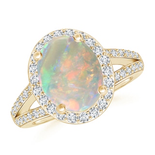 10x8mm AAAA Oval Opal Split Shank Halo Ring in Yellow Gold