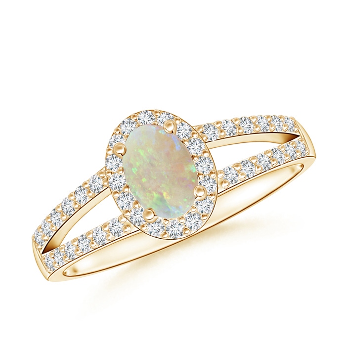 6x4mm AAA Oval Opal Split Shank Halo Ring in 9K Yellow Gold 