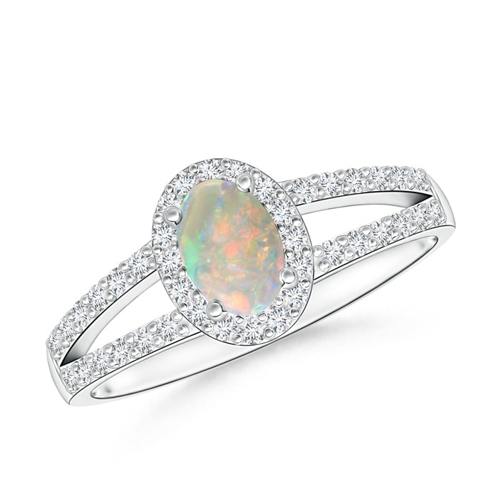 6x4mm AAAA Oval Opal Split Shank Halo Ring in White Gold 