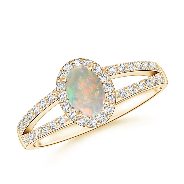 6x4mm AAAA Oval Opal Split Shank Halo Ring in Yellow Gold 