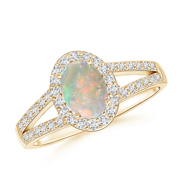 7x5mm AAAA Oval Opal Split Shank Halo Ring in Yellow Gold 