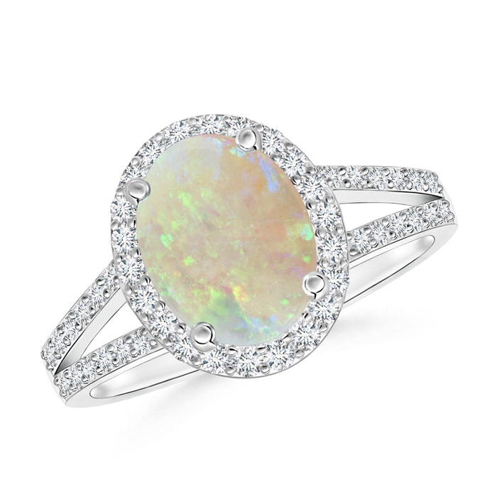 9x7mm AAA Oval Opal Split Shank Halo Ring in White Gold 