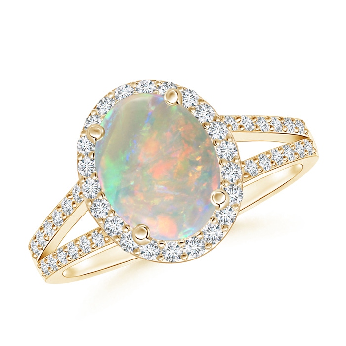 9x7mm AAAA Oval Opal Split Shank Halo Ring in Yellow Gold 