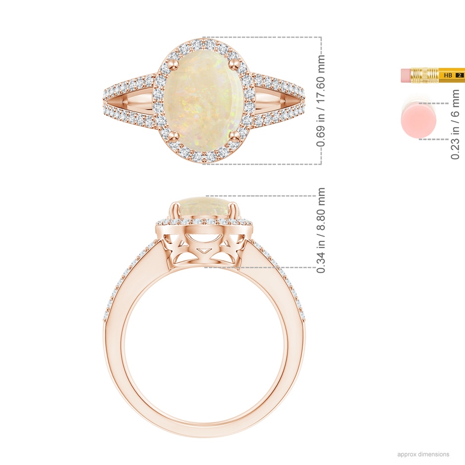 13.86x10.16x4.37mm AAAA GIA Certified Oval Opal Split Shank Halo Ring in Rose Gold ruler