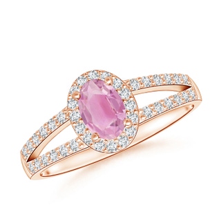 6x4mm A Oval Pink Tourmaline Split Shank Halo Ring in 9K Rose Gold