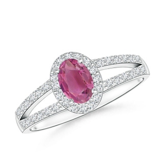 6x4mm AAA Oval Pink Tourmaline Split Shank Halo Ring in White Gold