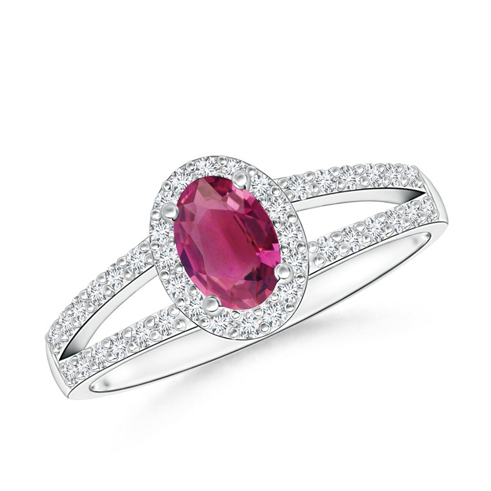 6x4mm AAAA Oval Pink Tourmaline Split Shank Halo Ring in White Gold
