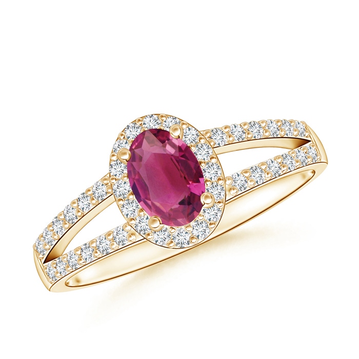6x4mm AAAA Oval Pink Tourmaline Split Shank Halo Ring in Yellow Gold