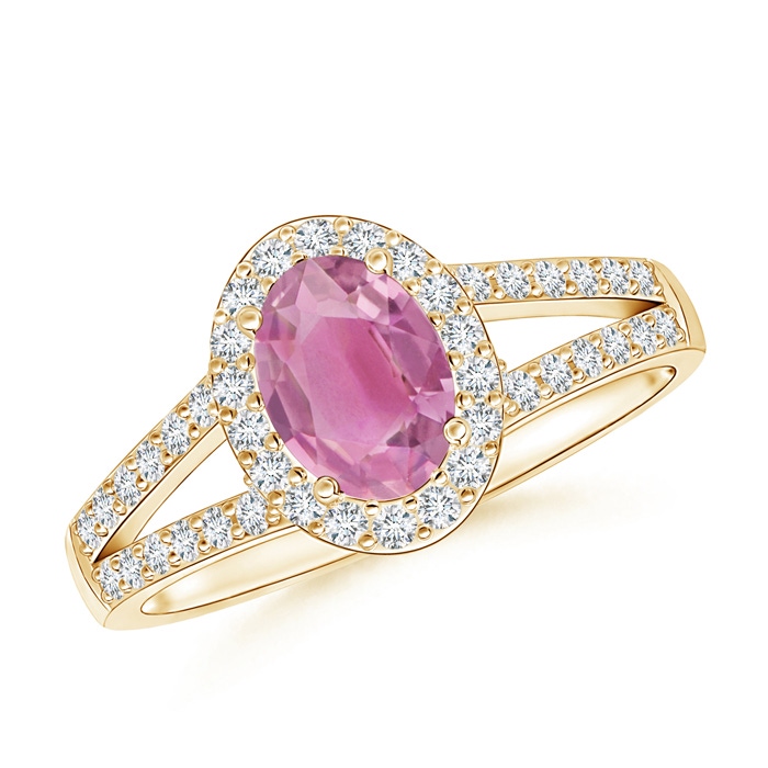 7x5mm AA Oval Pink Tourmaline Split Shank Halo Ring in Yellow Gold 