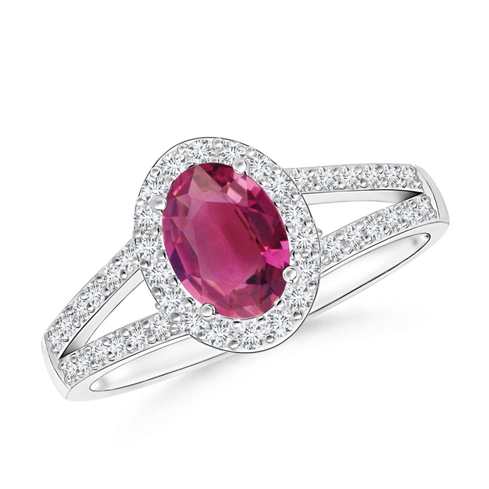 7x5mm AAAA Oval Pink Tourmaline Split Shank Halo Ring in P950 Platinum 