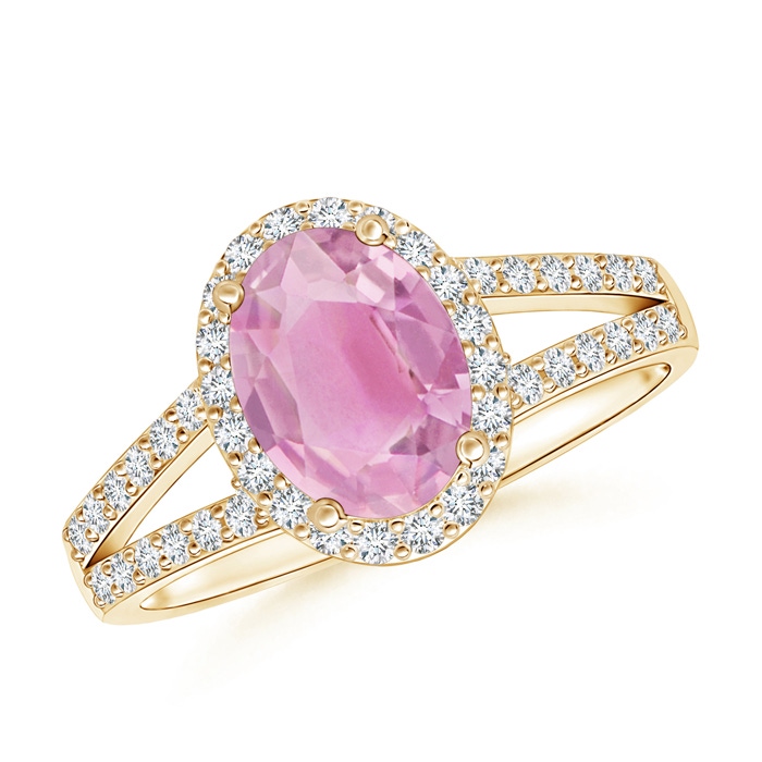 8x6mm A Oval Pink Tourmaline Split Shank Halo Ring in Yellow Gold 