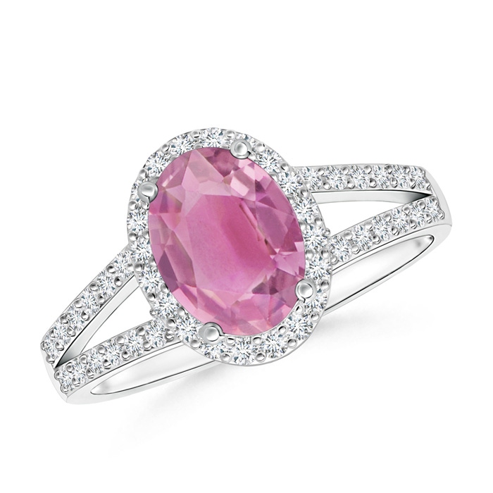 8x6mm AA Oval Pink Tourmaline Split Shank Halo Ring in White Gold 