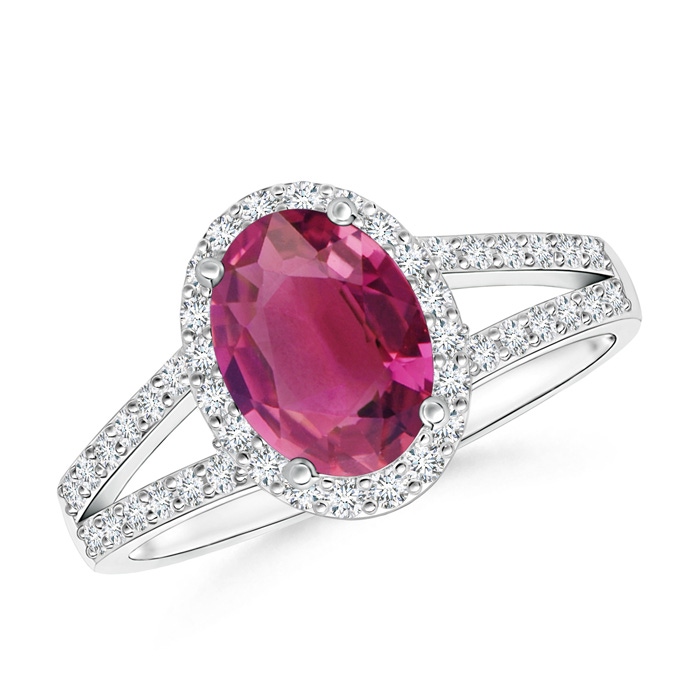 8x6mm AAAA Oval Pink Tourmaline Split Shank Halo Ring in P950 Platinum 