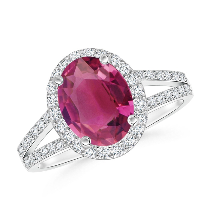 9x7mm AAAA Oval Pink Tourmaline Split Shank Halo Ring in P950 Platinum 
