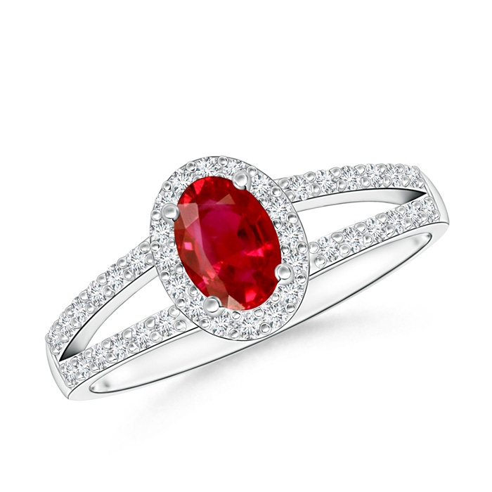 6x4mm AAA Oval Ruby Split Shank Halo Ring in P950 Platinum 